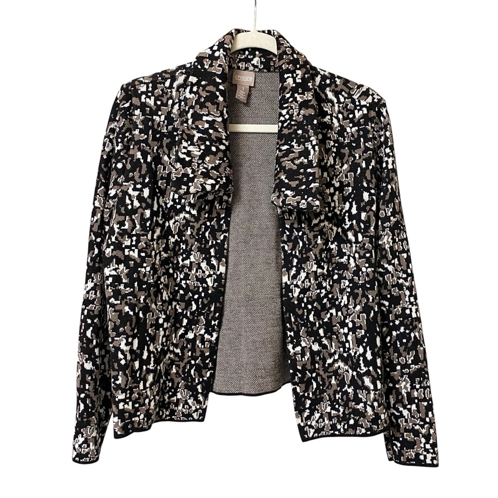 Chico’s black brown animal abstract print lapel collar open cardigan sweater M